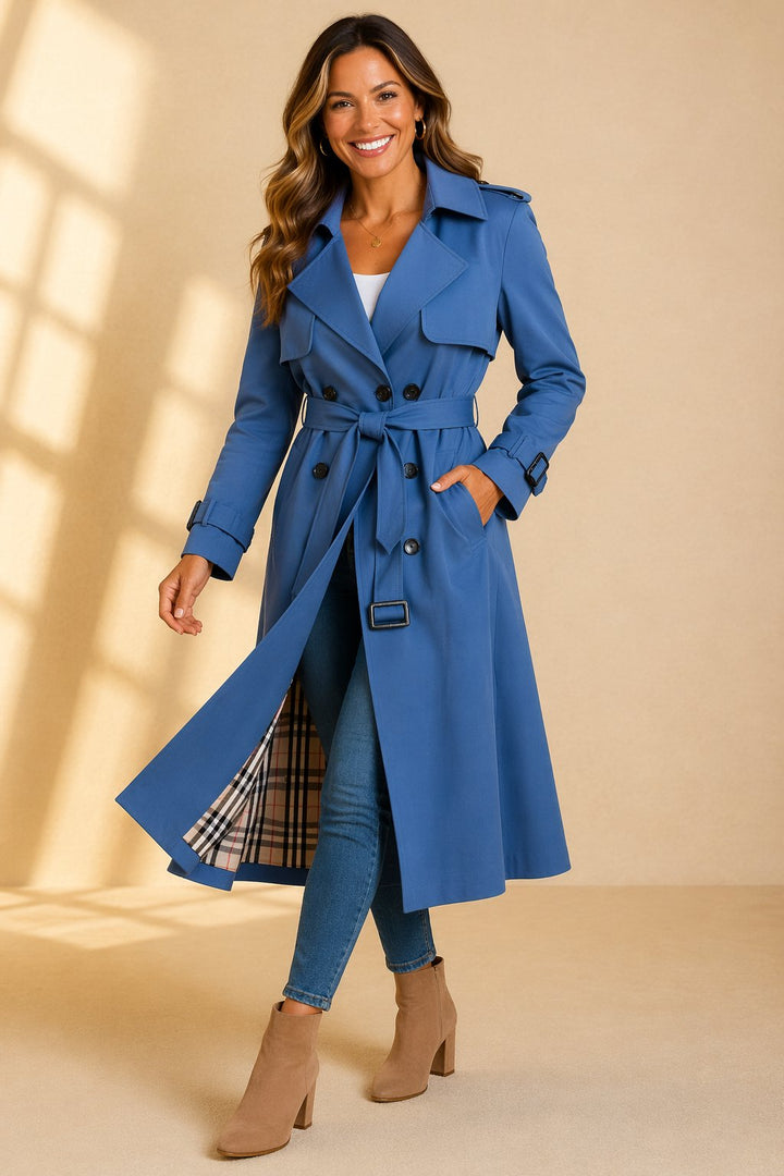 Damen Zweireihiger Langer Trenchcoat Taillengürtel - Blue