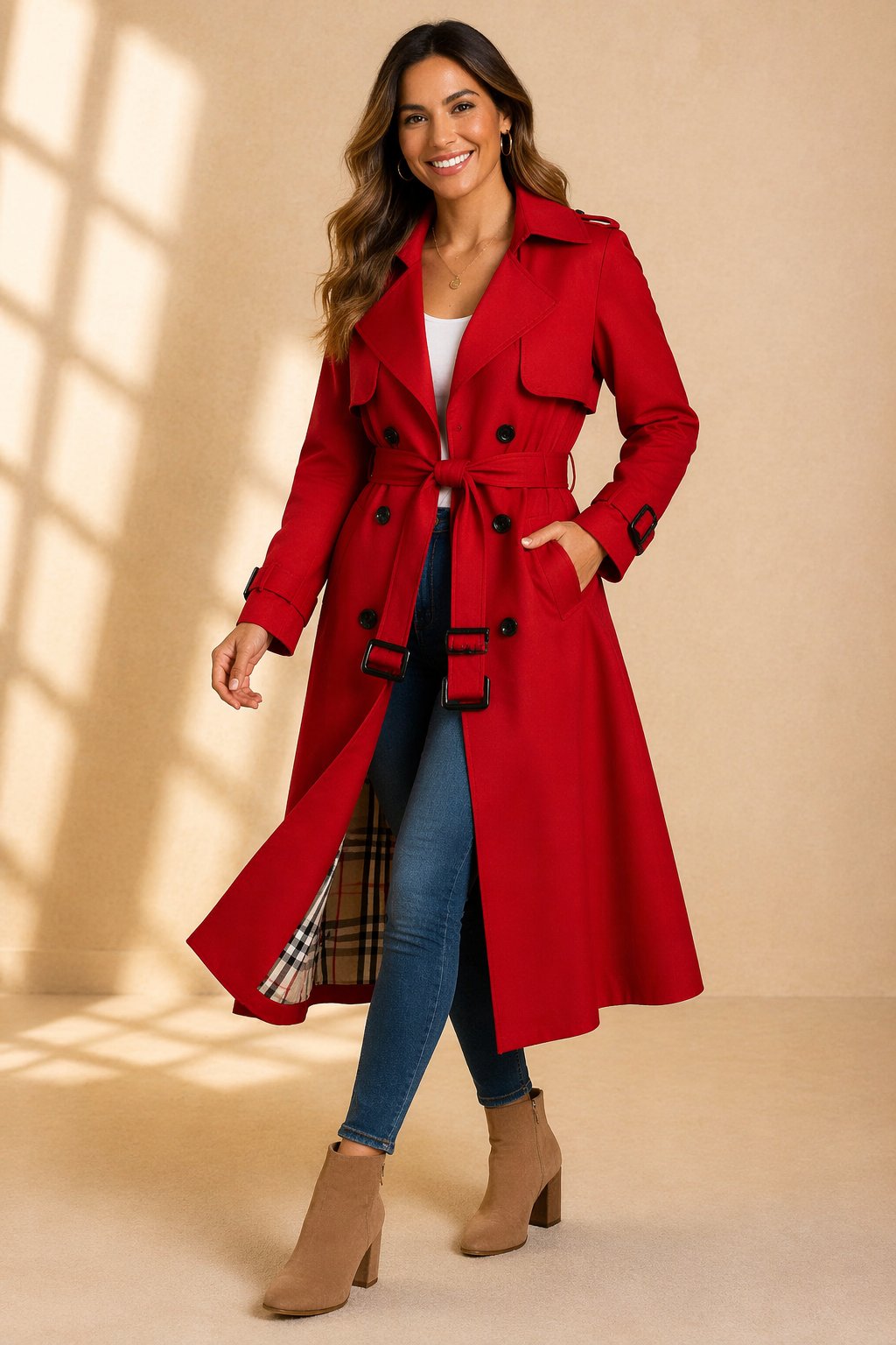 Damen Zweireihiger Langer Trenchcoat Taillengürtel - Red