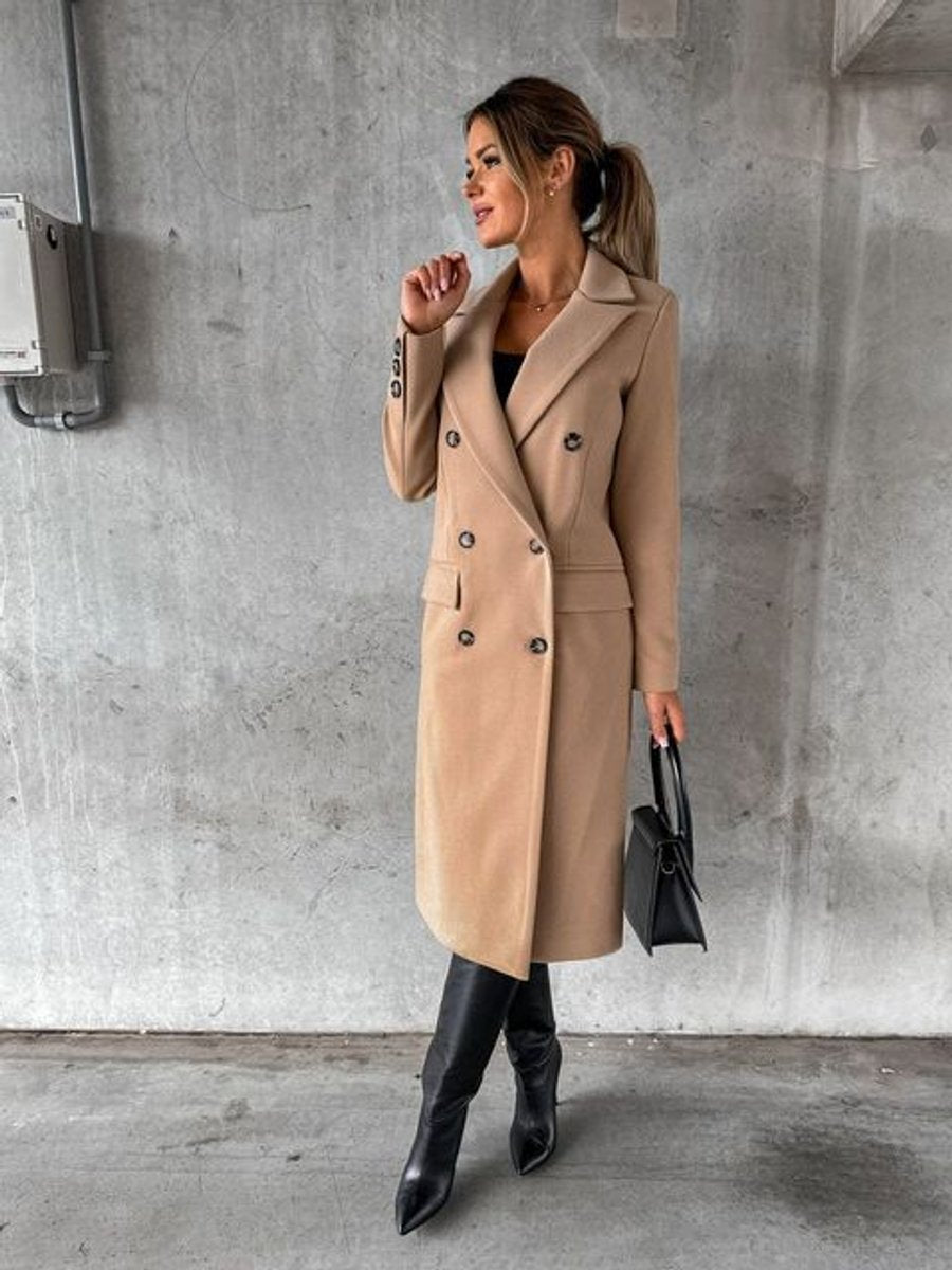 Damen Zweireihiger Langer Wintermantel mit Goldknöpfen - Khaki