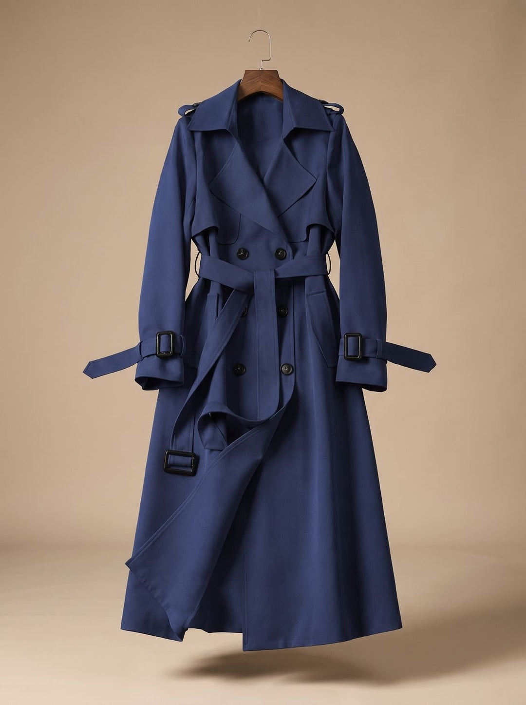 Damen Zweireihiger Trenchcoat mit Bindegürtel Weiter Schnitt - Marineblau
