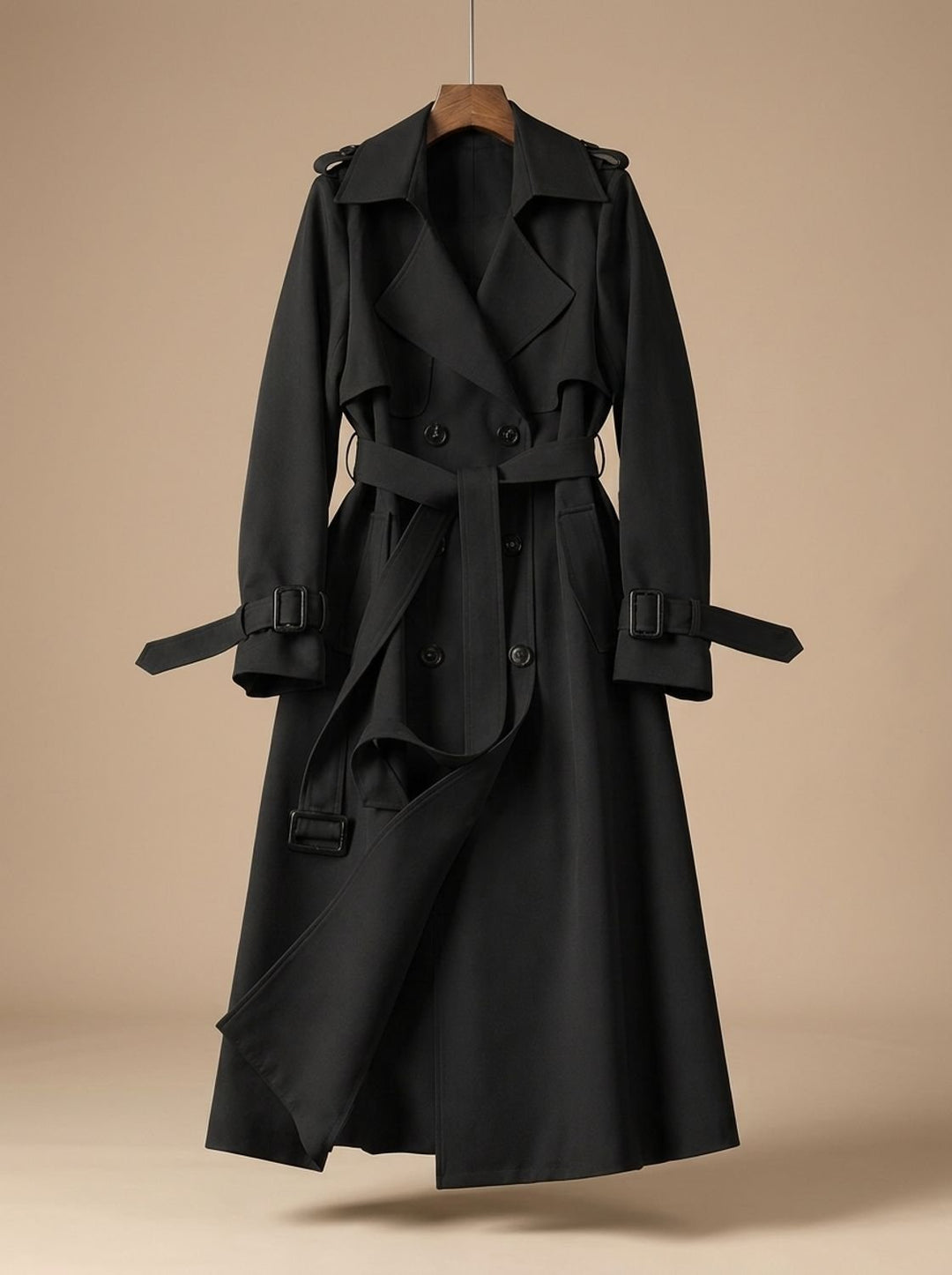 Damen Zweireihiger Trenchcoat mit Bindegürtel Weiter Schnitt - Schwarz