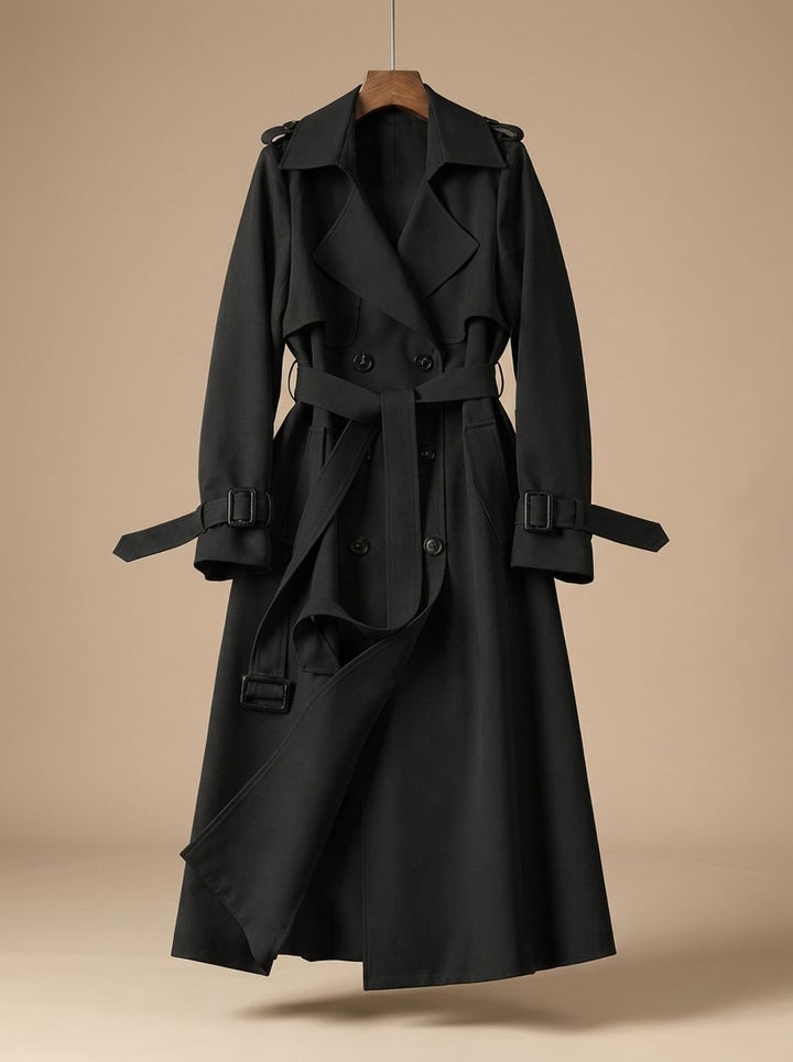 Damen Zweireihiger Trenchcoat mit Bindegürtel Weiter Schnitt - Schwarz