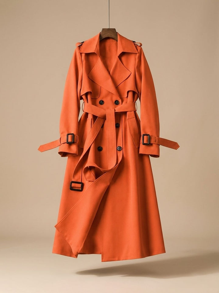 Damen Zweireihiger Trenchcoat mit Bindegürtel Weiter Schnitt - Orange