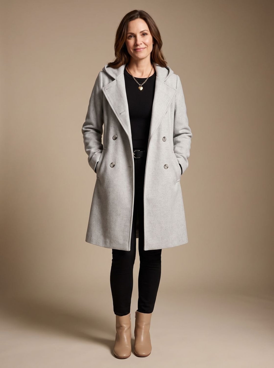 Damen Zweireihiger Wollmantel mit Reverskragen und Taschen, Gray