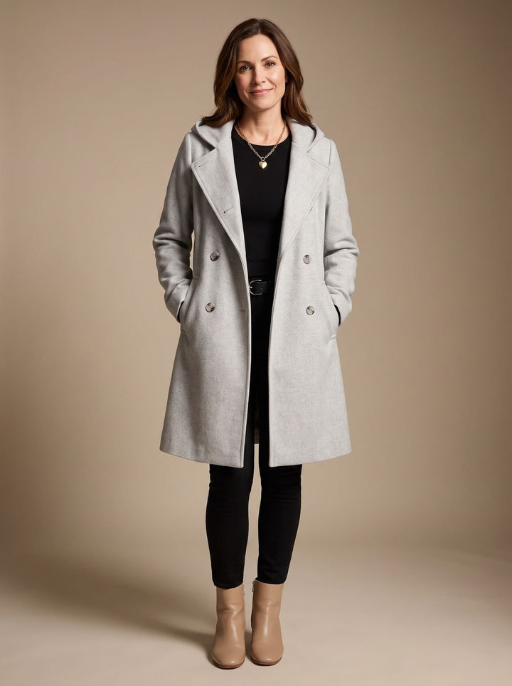 Damen Zweireihiger Wollmantel mit Reverskragen und Taschen, Gray