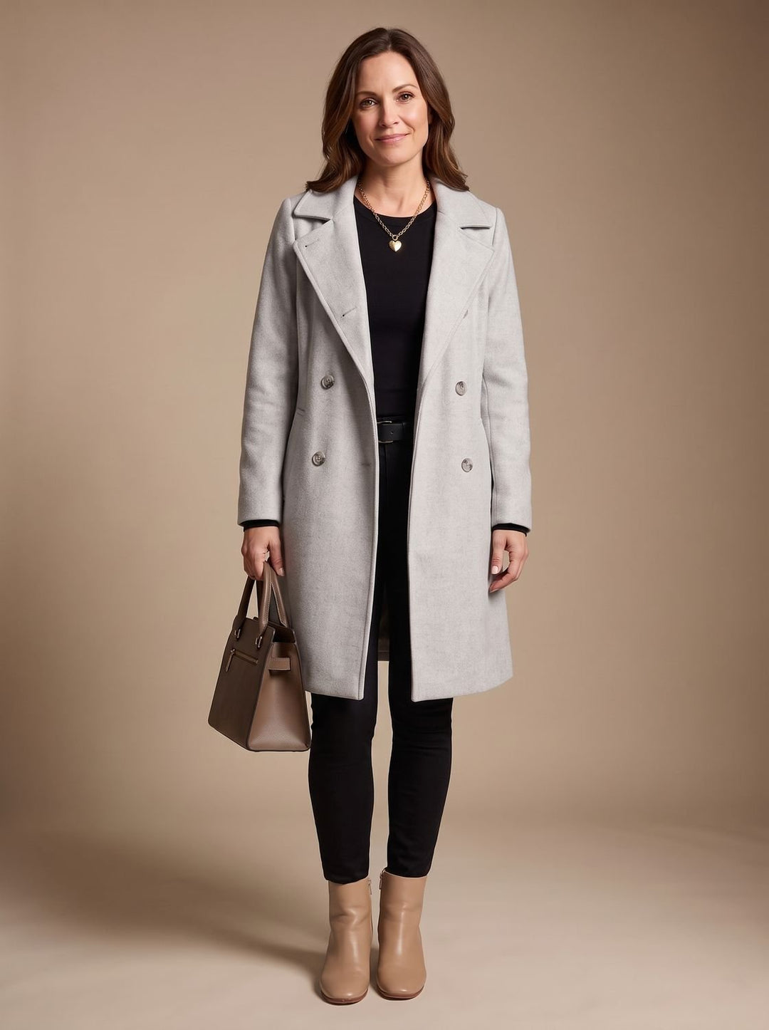 Damen Zweireihiger Wollmantel mit Reverskragen und Taschen, Gray