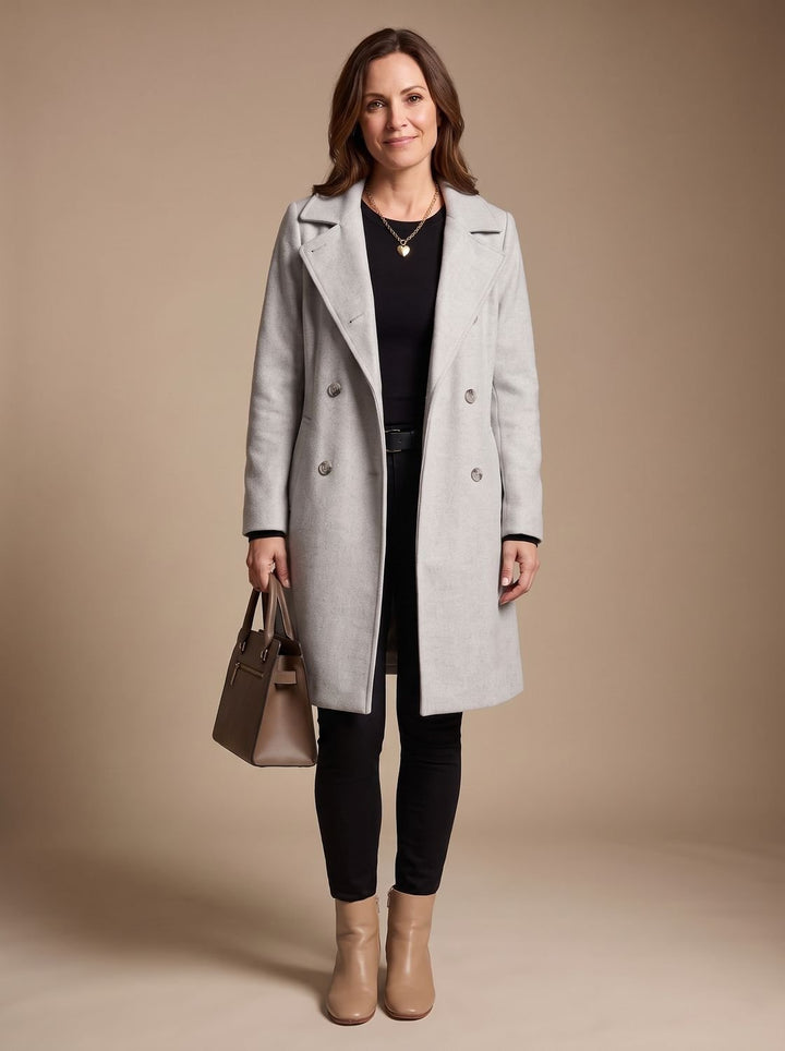 Damen Zweireihiger Wollmantel mit Reverskragen und Taschen, Gray