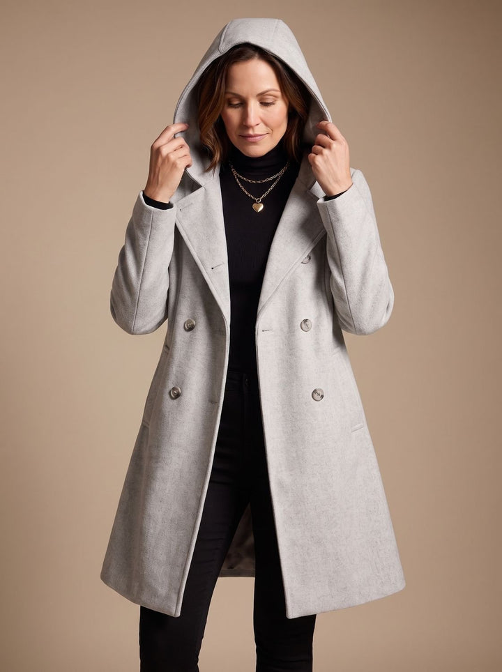 Damen Zweireihiger Wollmantel mit Reverskragen und Taschen, Gray