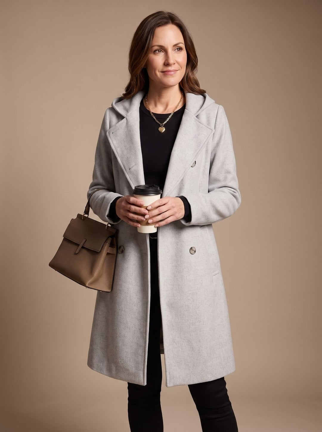Damen Zweireihiger Wollmantel mit Reverskragen und Taschen, Gray