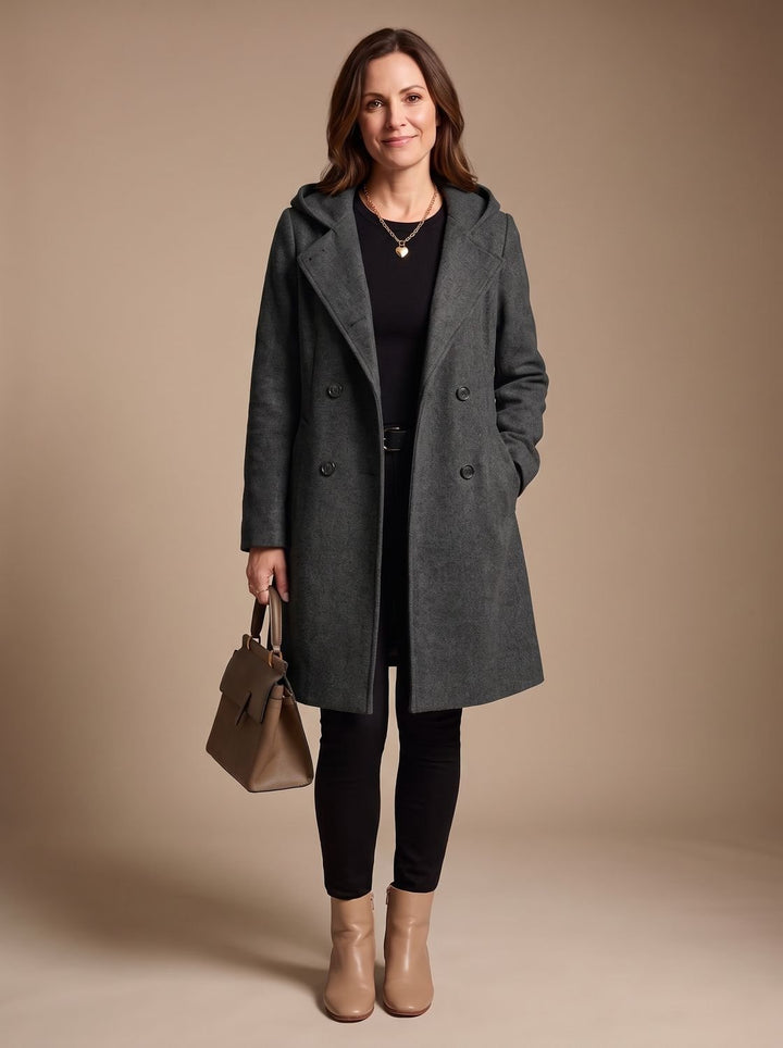 Damen Zweireihiger Wollmantel mit Reverskragen und Taschen, Gray - Dunkelgrau