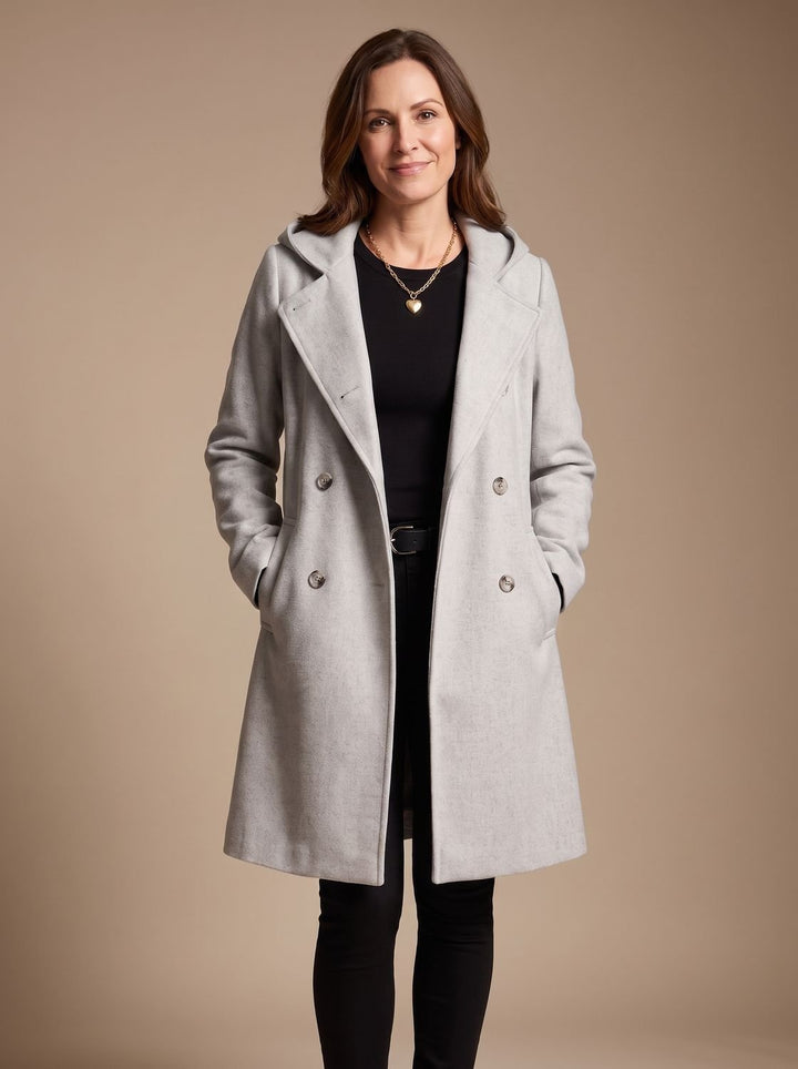 Damen Zweireihiger Wollmantel mit Reverskragen und Taschen, Gray - Grau