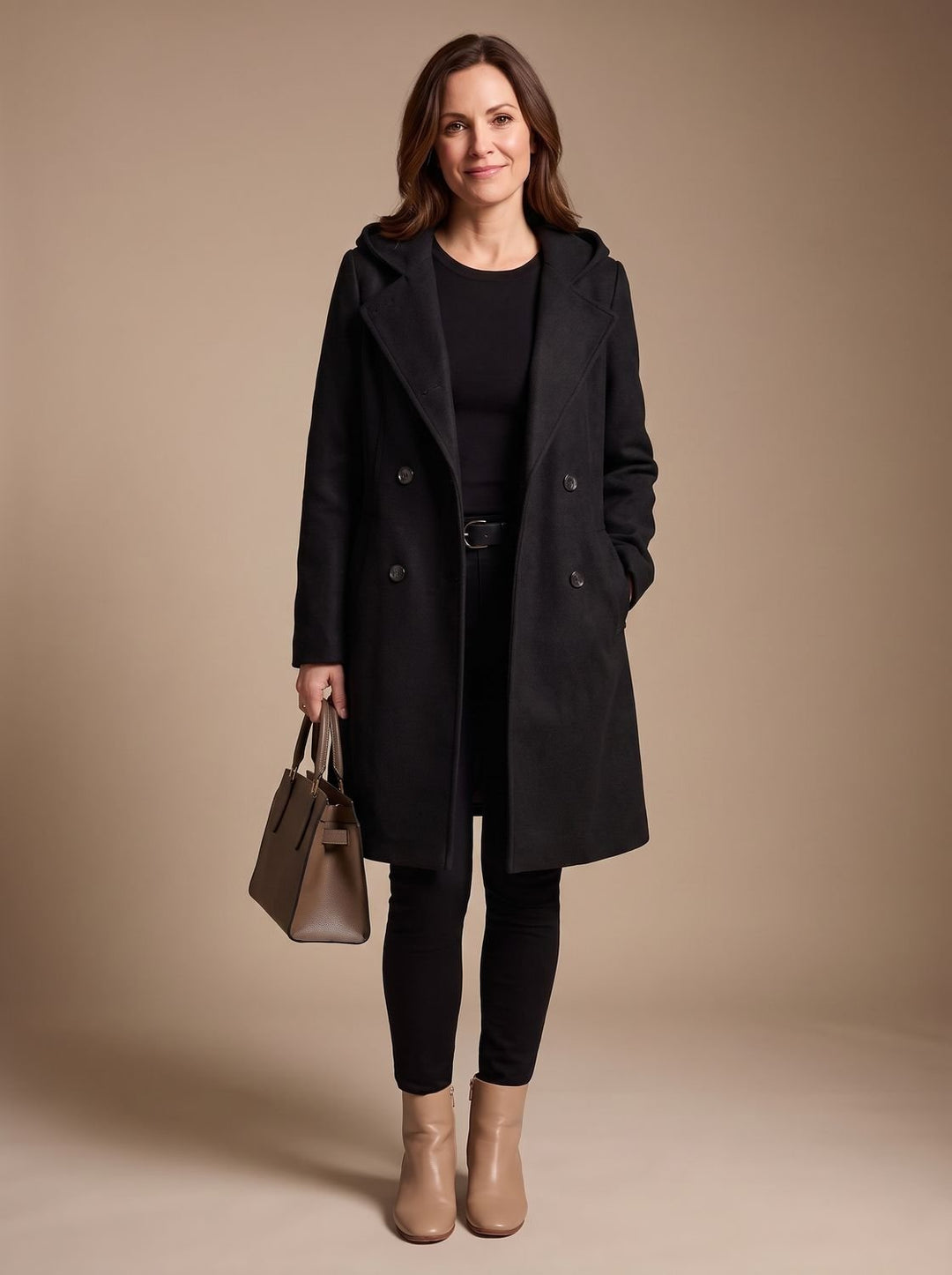Damen Zweireihiger Wollmantel mit Reverskragen und Taschen, Gray - Schwarz