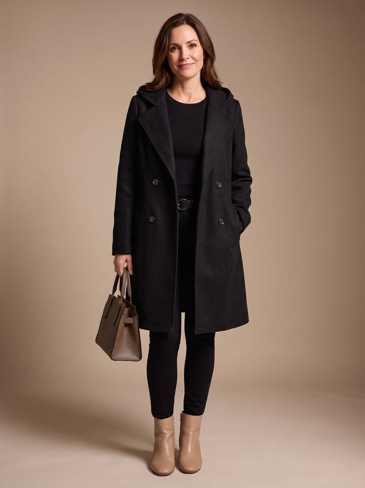 Damen Zweireihiger Wollmantel mit Reverskragen und Taschen, Gray - Schwarz