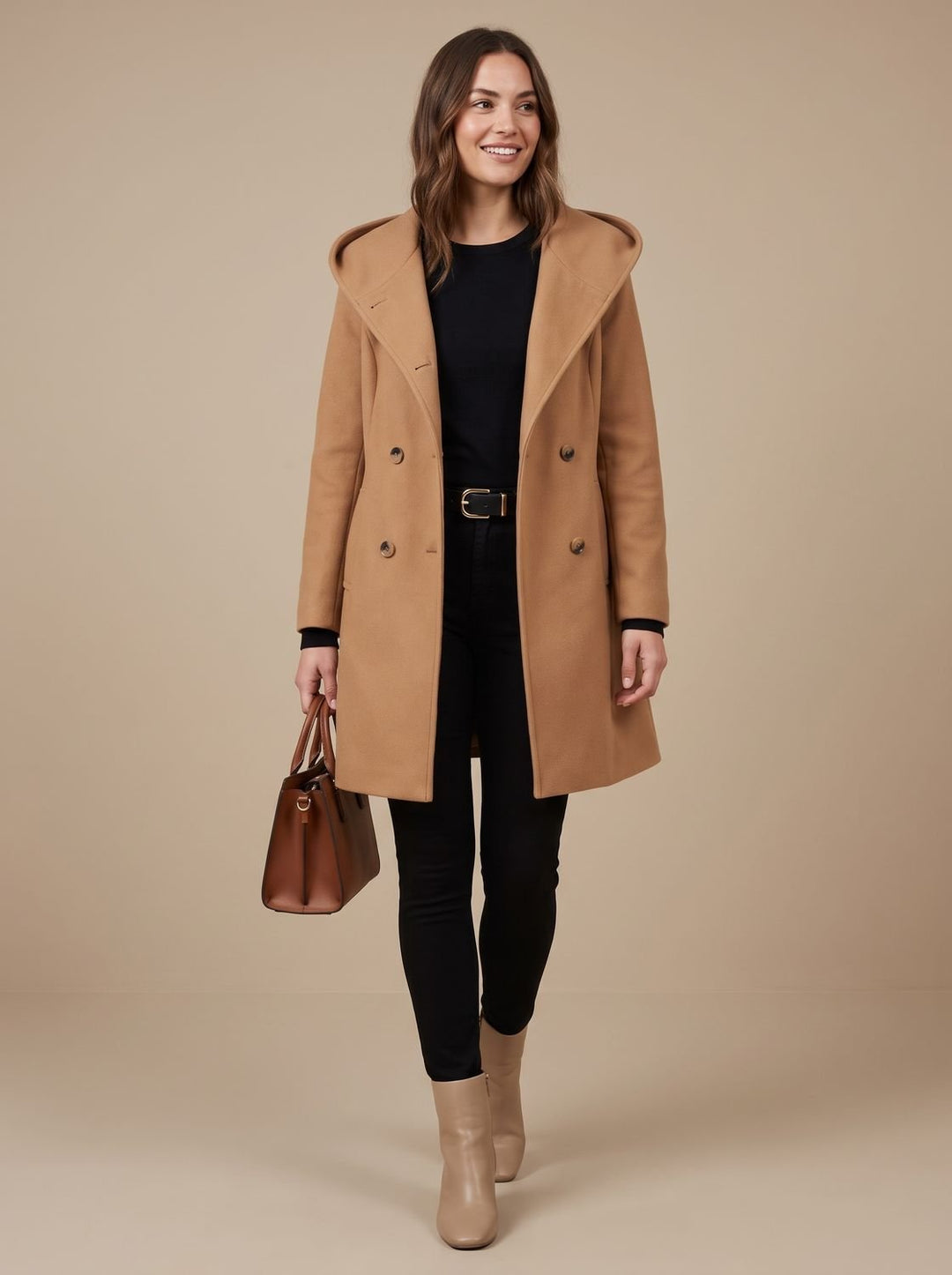 Damen Zweireihiger Wollmantel mit Reverskragen und Taschen, Gray - Karamell