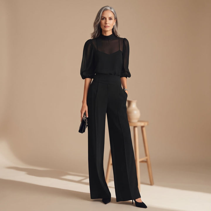 Damen Zweiteiler Elegant Chiffon Puffärmel High-Waist Weißbein-Set - Schwarz