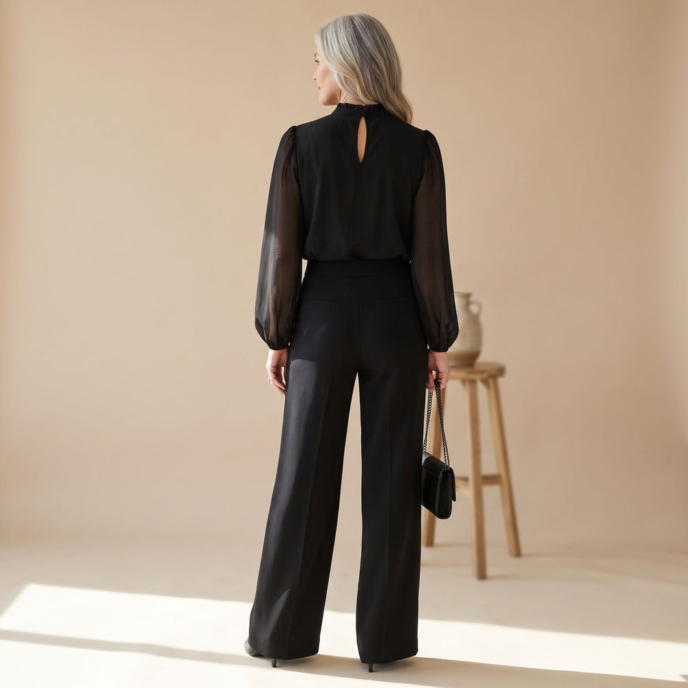 Damen Zweiteiler Elegant Chiffon Puffärmel High-Waist Weißbein-Set