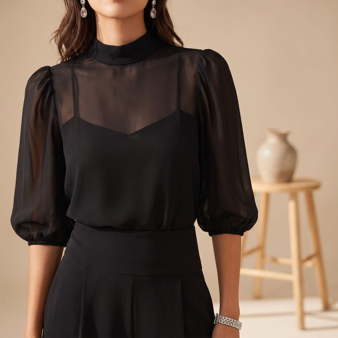 Damen Zweiteiler Elegant Chiffon Puffärmel High-Waist Weißbein-Set