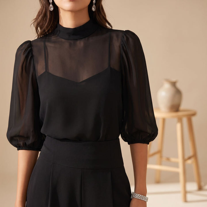 Damen Zweiteiler Elegant Chiffon Puffärmel High-Waist Weißbein-Set