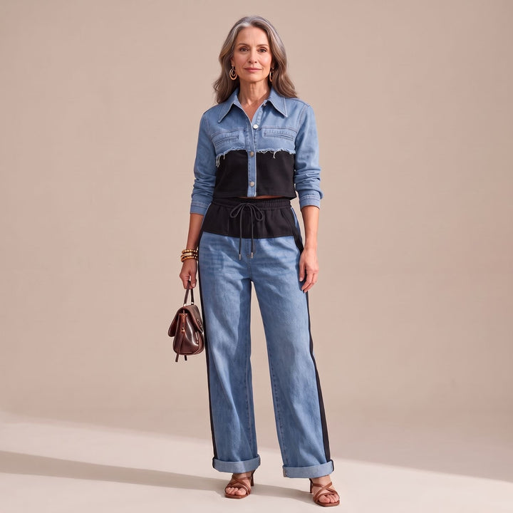 Damen Zweiteiler Elegant Colorblock Jeansjacke Weißbein-Hose Set