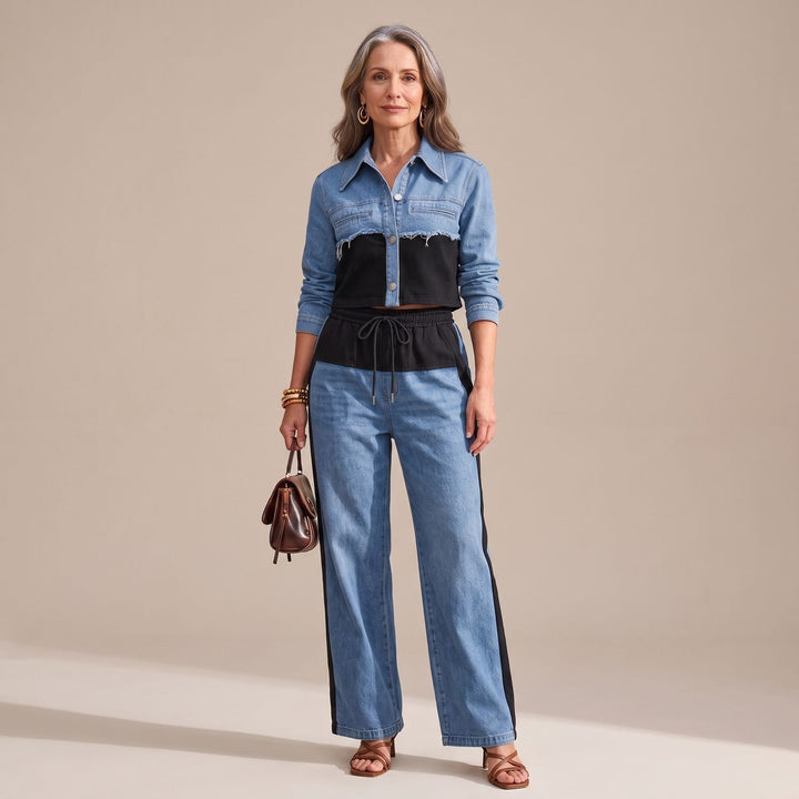Damen Zweiteiler Elegant Colorblock Jeansjacke Weißbein-Hose Set