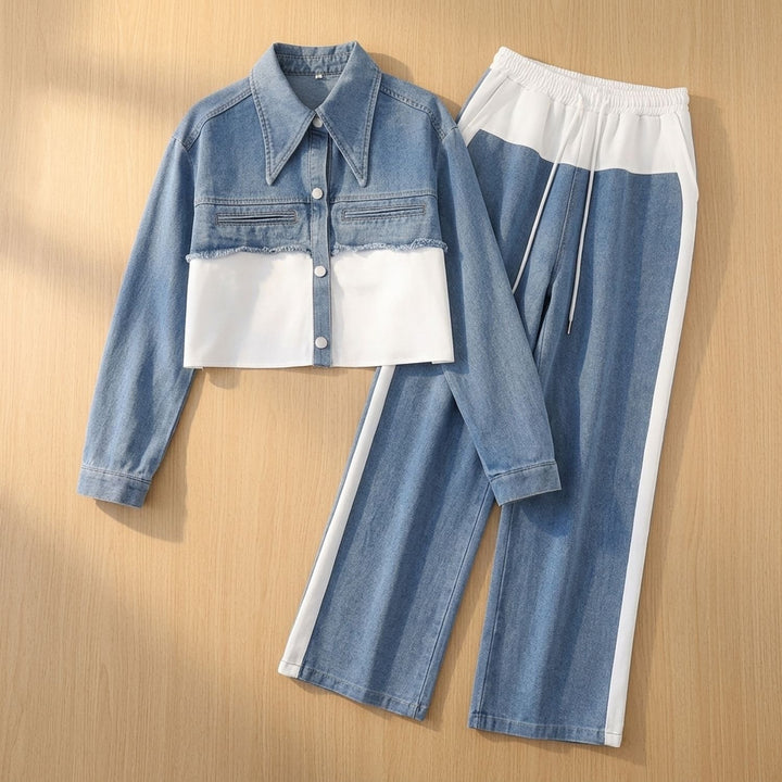 Damen Zweiteiler Elegant Colorblock Jeansjacke Weißbein-Hose Set - Weiß