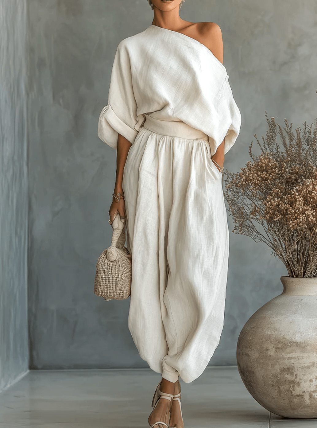 Damen Zweiteiler Elegant Off-Shoulder Leinenoptik Hosenset - Cremeweiß