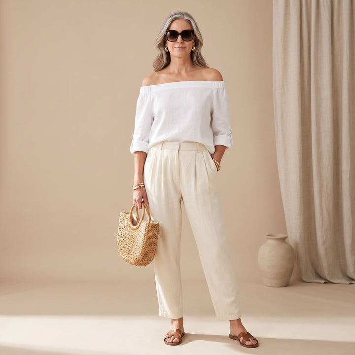 Damen Zweiteiler Elegant Off-Shoulder Leinenoptik Hosenset