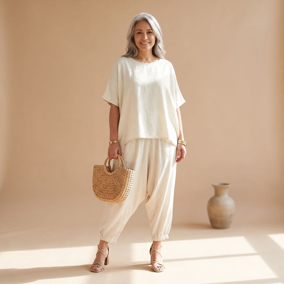 Damen Zweiteiler Elegant Off-Shoulder Leinenoptik Hosenset