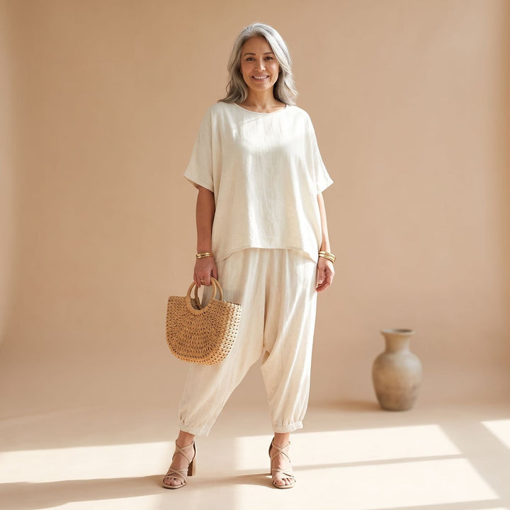 Damen Zweiteiler Elegant Off-Shoulder Leinenoptik Hosenset