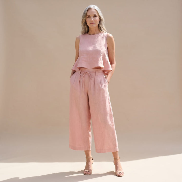 Damen Zweiteiler Elegant Ärmelloser Crop-Top Culotte-Hose - Rosa