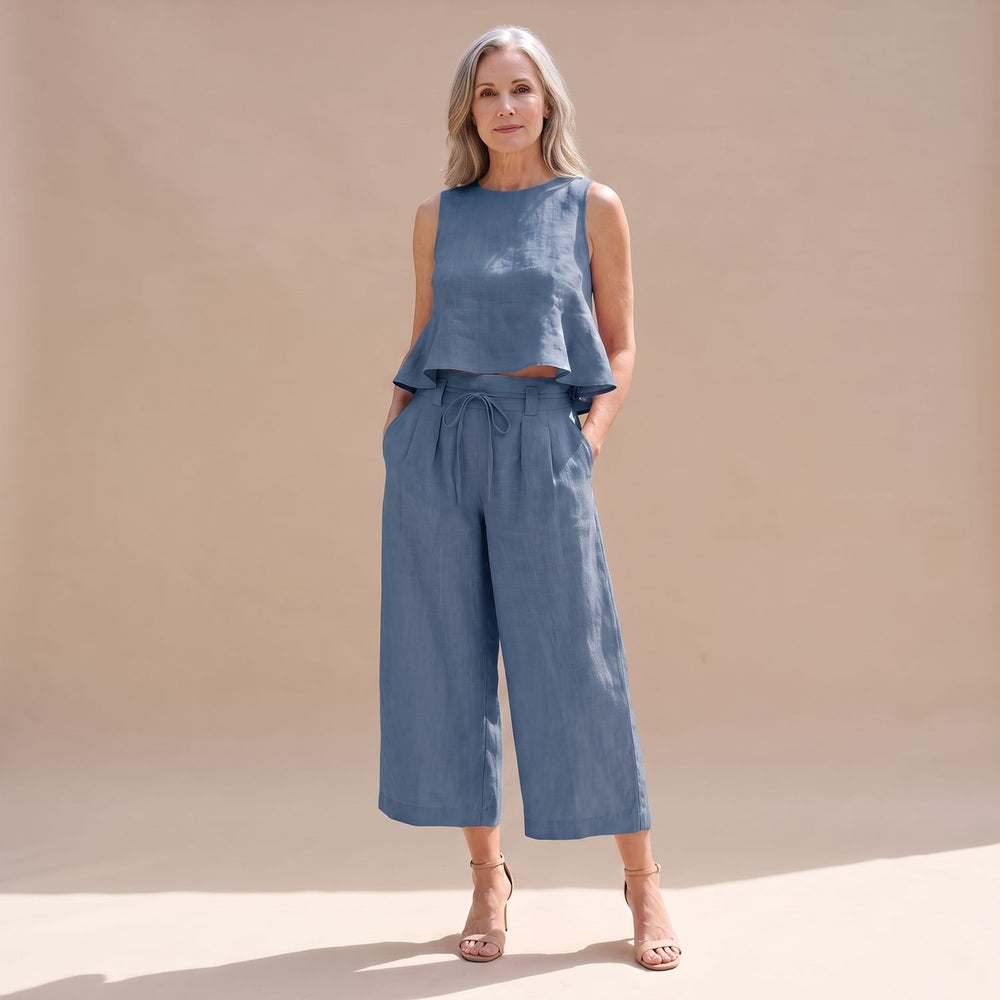 Damen Zweiteiler Elegant Ärmelloser Crop-Top Culotte-Hose - Blau