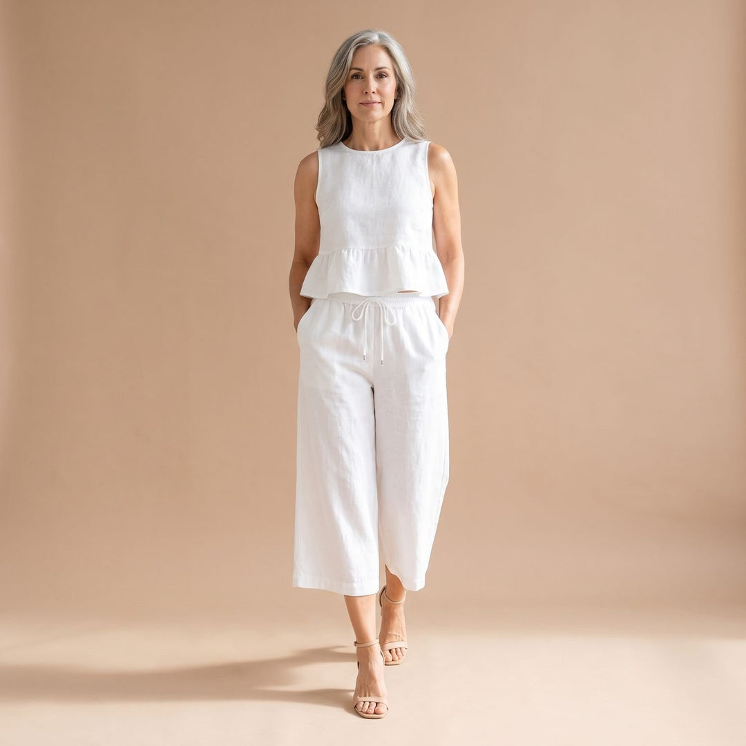 Damen Zweiteiler Elegant Ärmelloser Crop-Top Culotte-Hose - Weiß