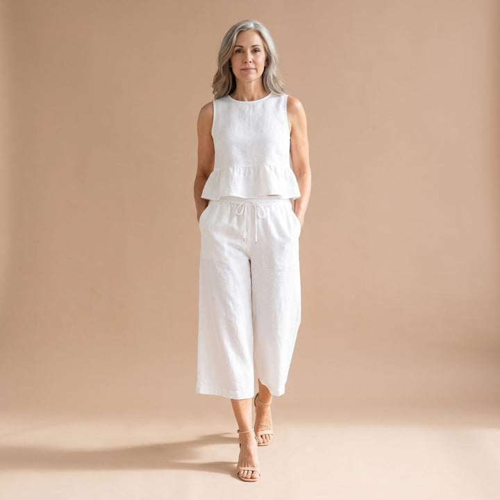 Damen Zweiteiler Elegant Ärmelloser Crop-Top Culotte-Hose - Weiß