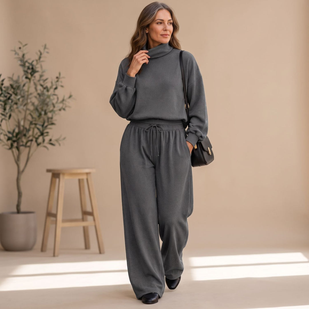 Damen Zweiteiler Elegant Rollkragen Weites Bein Loungewear Set - Grau