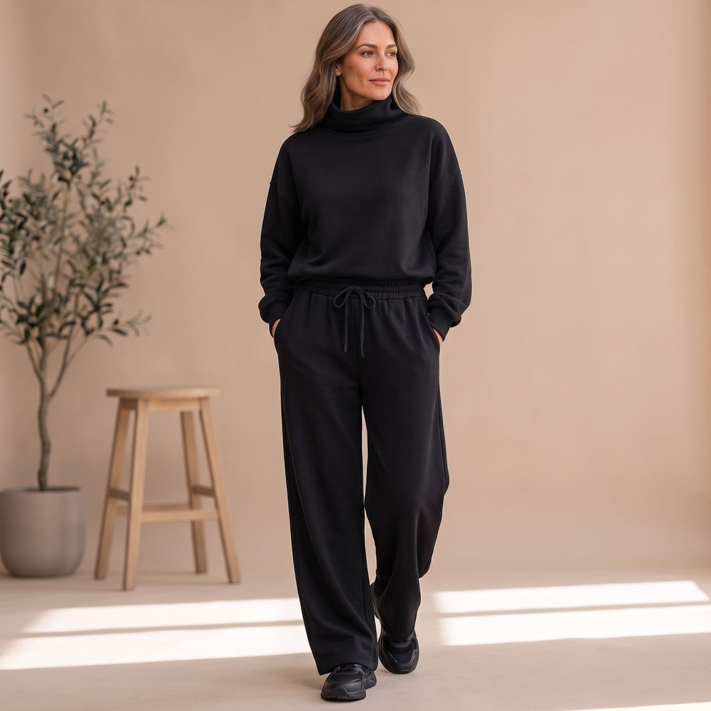 Damen Zweiteiler Elegant Rollkragen Weites Bein Loungewear Set - Schwarz