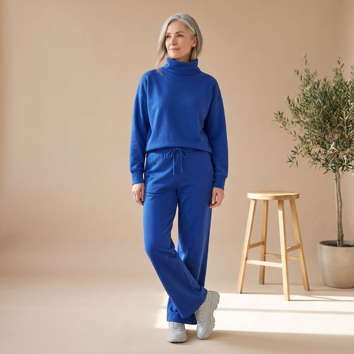 Damen Zweiteiler Elegant Rollkragen Weites Bein Loungewear Set - Blau