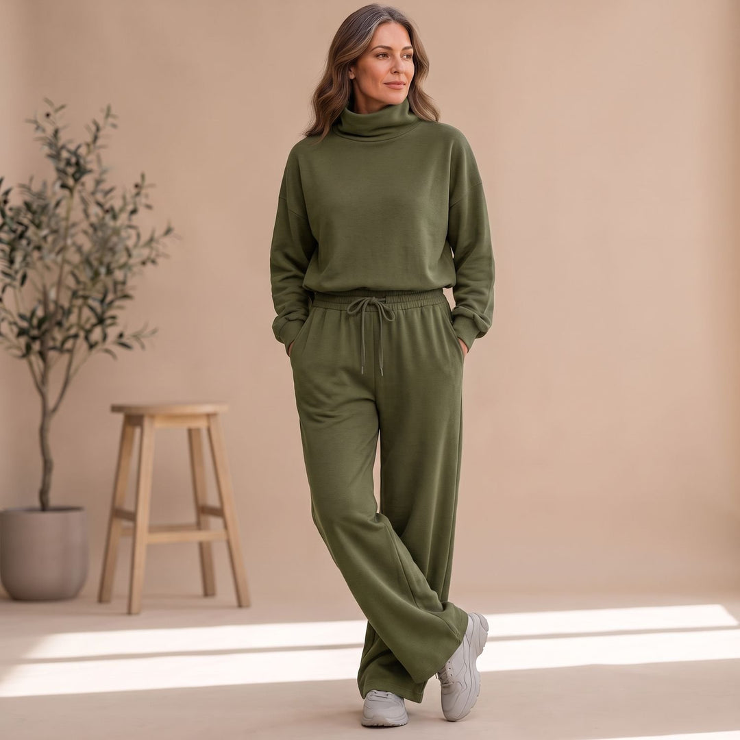 Damen Zweiteiler Elegant Rollkragen Weites Bein Loungewear Set - Olivgrün