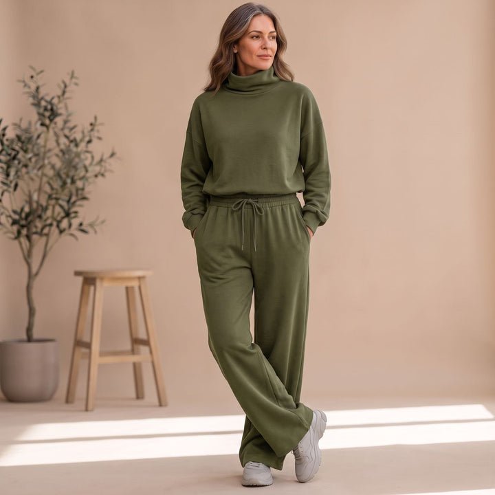 Damen Zweiteiler Elegant Rollkragen Weites Bein Loungewear Set - Olivgrün