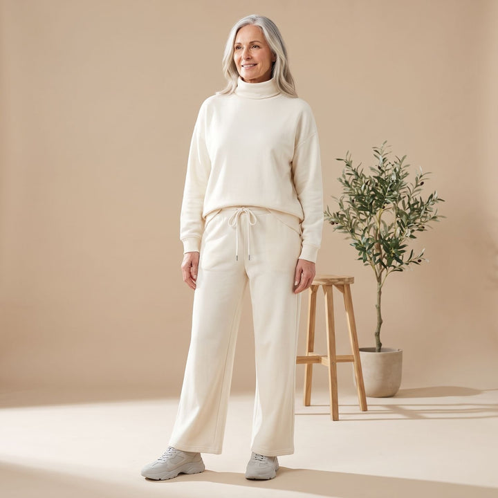 Damen Zweiteiler Elegant Rollkragen Weites Bein Loungewear Set - Creme