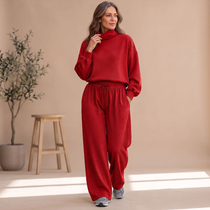 Damen Zweiteiler Elegant Rollkragen Weites Bein Loungewear Set - Rot