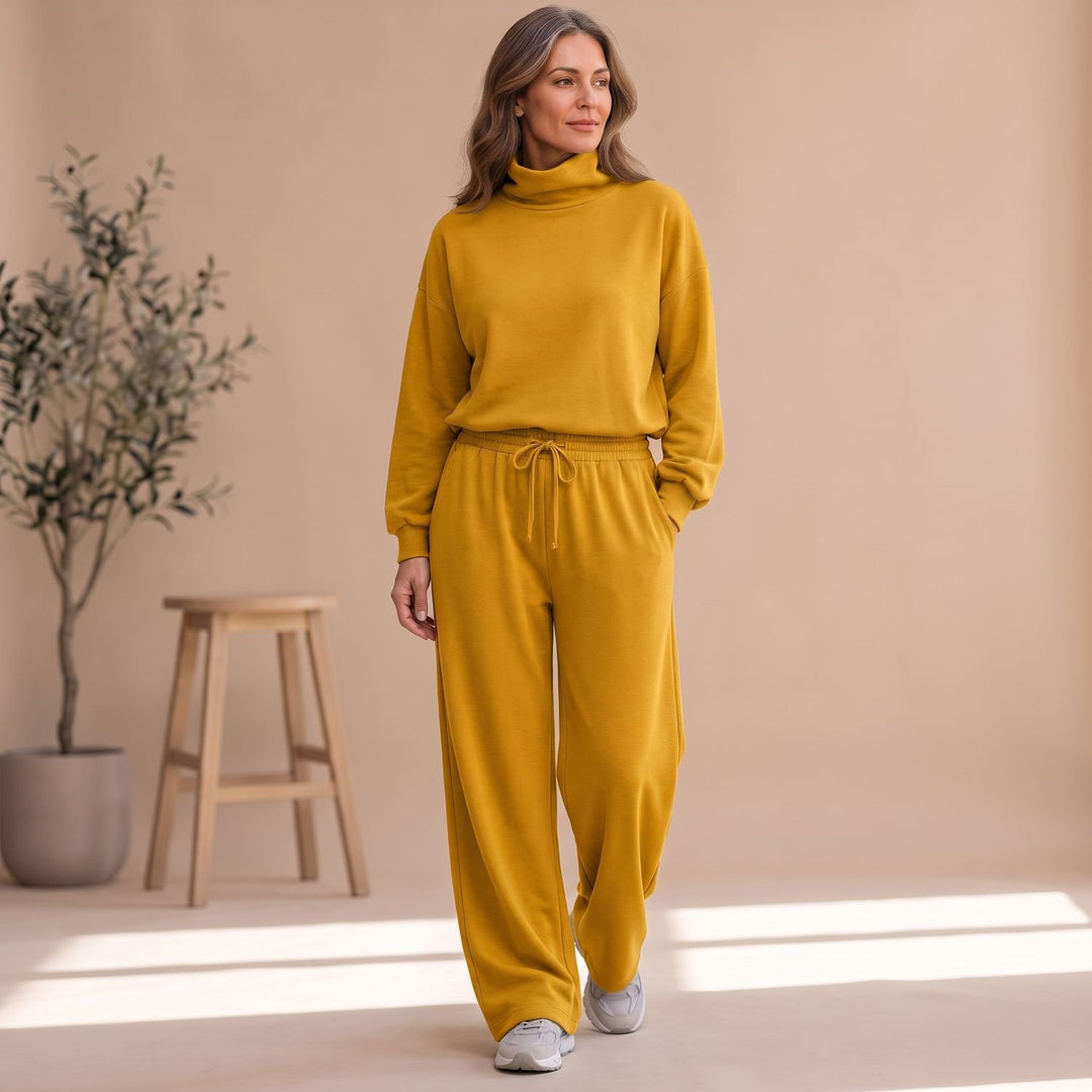 Damen Zweiteiler Elegant Rollkragen Weites Bein Loungewear Set - Senfgelb