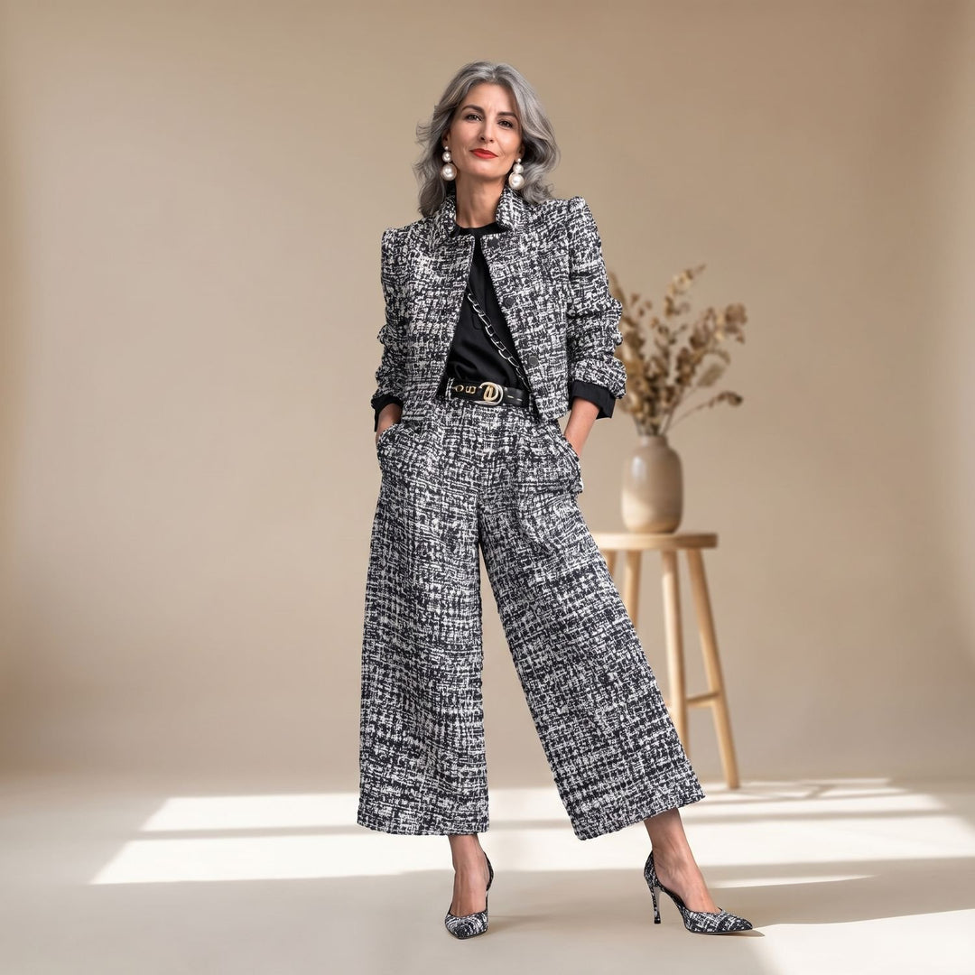 Damen Zweiteiler Elegant Tweed-Blazer Weite Hose - Schwarz