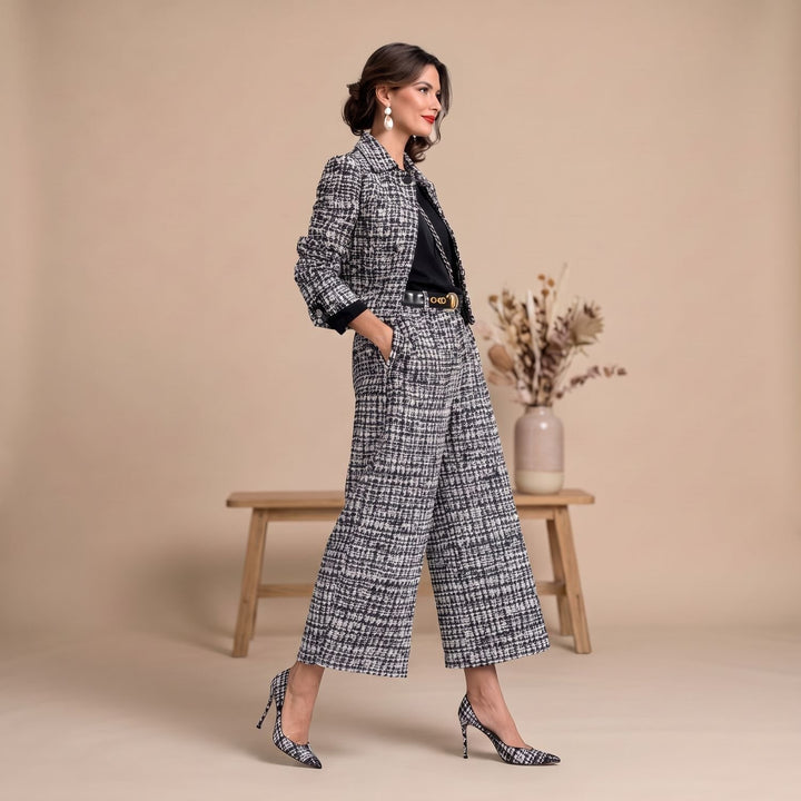 Damen Zweiteiler Elegant Tweed-Blazer Weite Hose