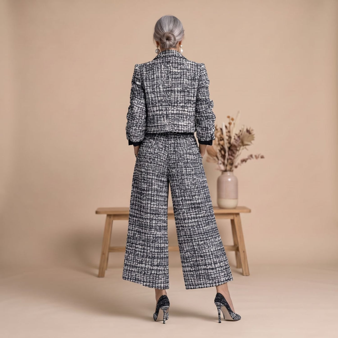 Damen Zweiteiler Elegant Tweed-Blazer Weite Hose