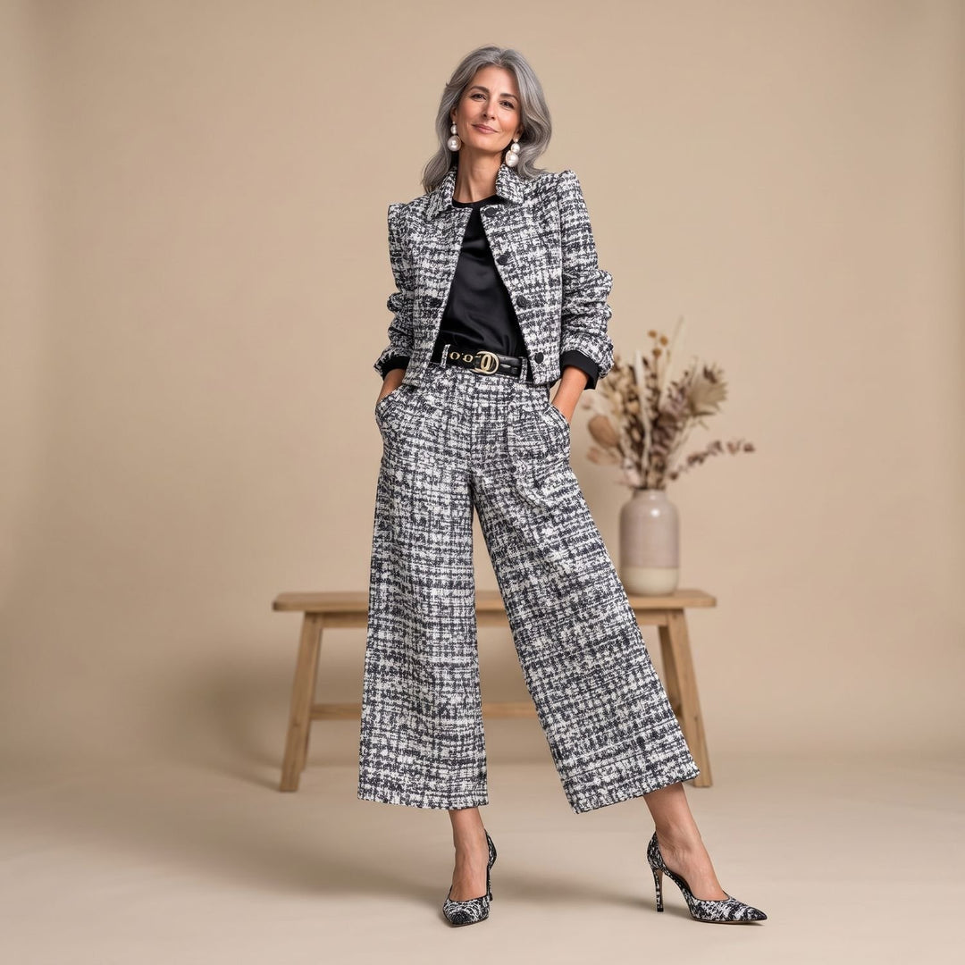 Damen Zweiteiler Elegant Tweed-Blazer Weite Hose - Grau