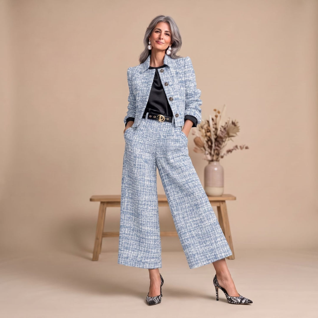 Damen Zweiteiler Elegant Tweed-Blazer Weite Hose - Blau