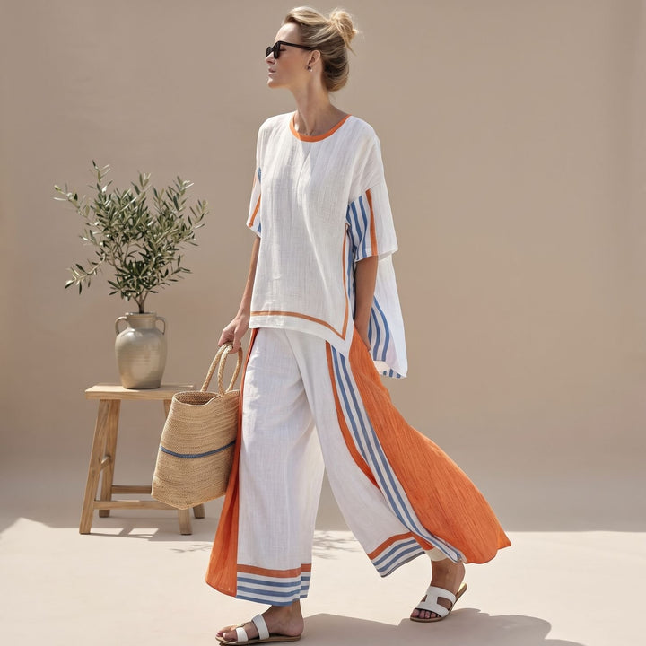 Damen Zweiteiler elegantes Leinen-Set Streifenmuster Weites Bein - Weiß-Orange