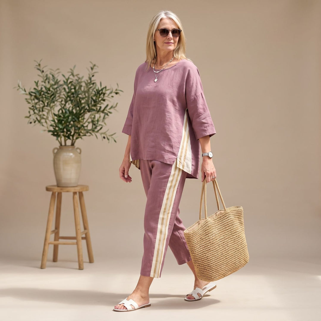 Damen Zweiteiler elegantes Leinen-Set Streifenmuster Weites Bein - Lila