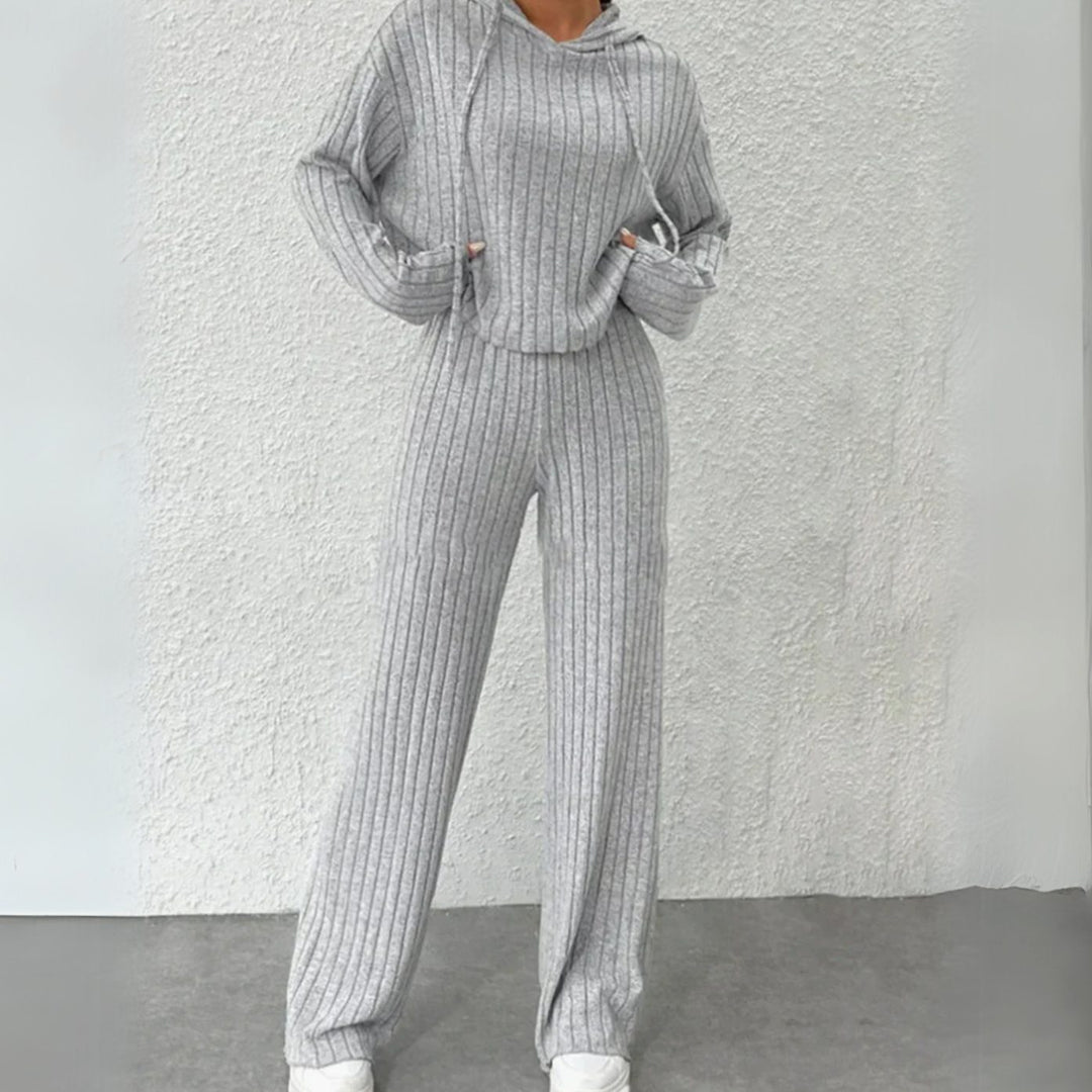 Damen Zweiteiler Hoodie und Jogginghose Set Rippstrick - Grau