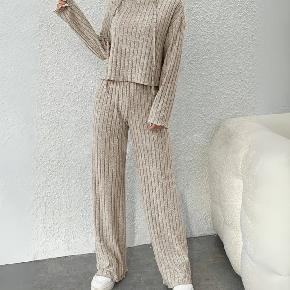 Damen Zweiteiler Hoodie und Jogginghose Set Rippstrick - Beige